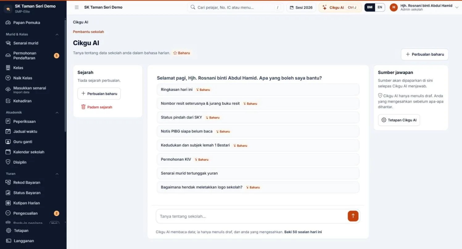 Cikgu AI full page: conversation history, suggested questions and the answer sources panel