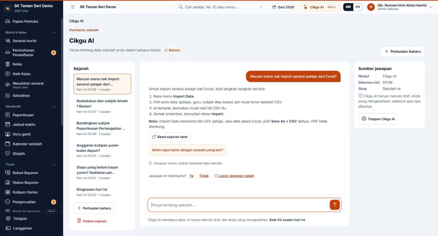 Cikgu AI: data import steps with a Take me there button