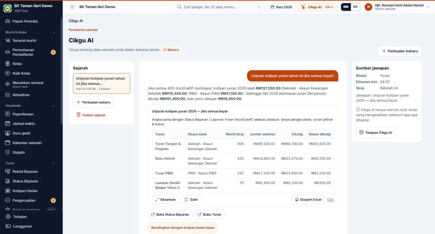 Cikgu AI: projected fee collection by item and bank account