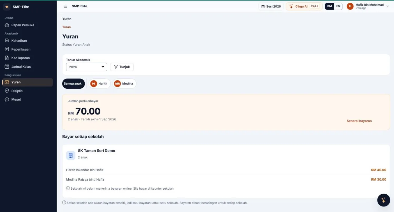 Skrin Bayaran dan Yuran SMP-Elite untuk bil, bayaran dan resit (data demo)