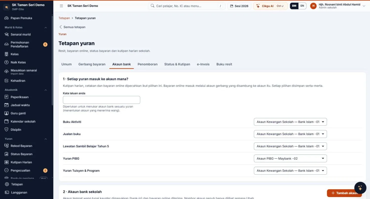 Bank account settings: each fee mapped to an account, PIBG fees to the PIBG account — Maybank