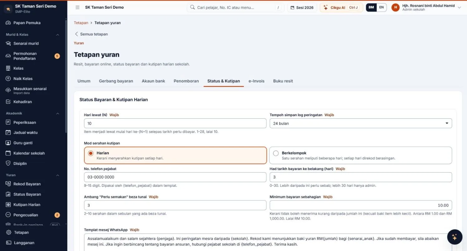Status and collection settings: days overdue, collection hand-over mode, minimum part payment and WhatsApp template